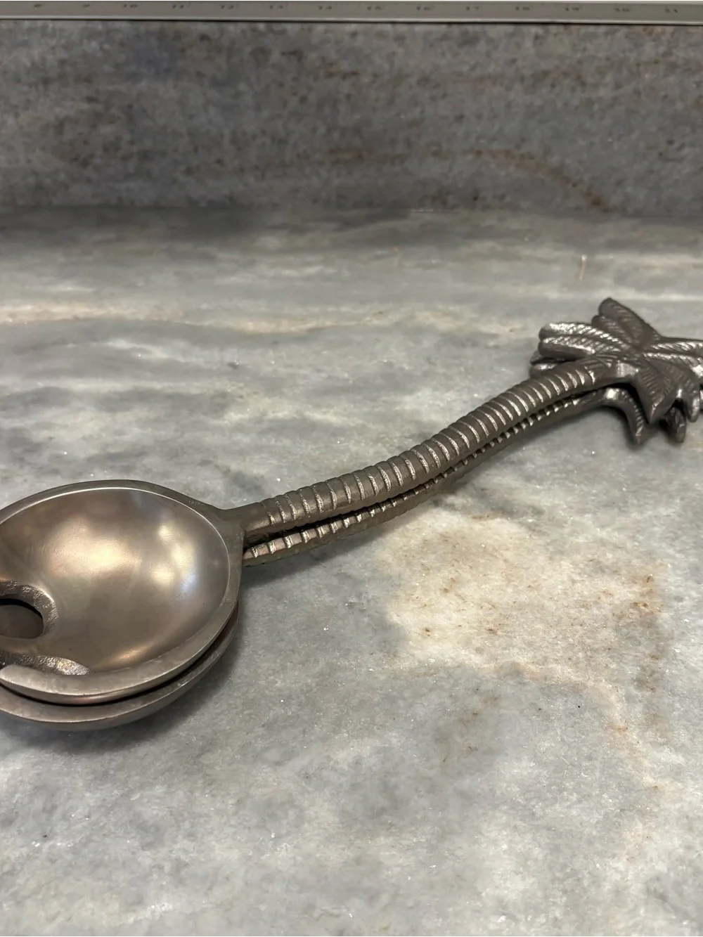 Vintage Pewter Palm Salad Serving Set Palmetto Tree Spoon Slotted Fork Coastal